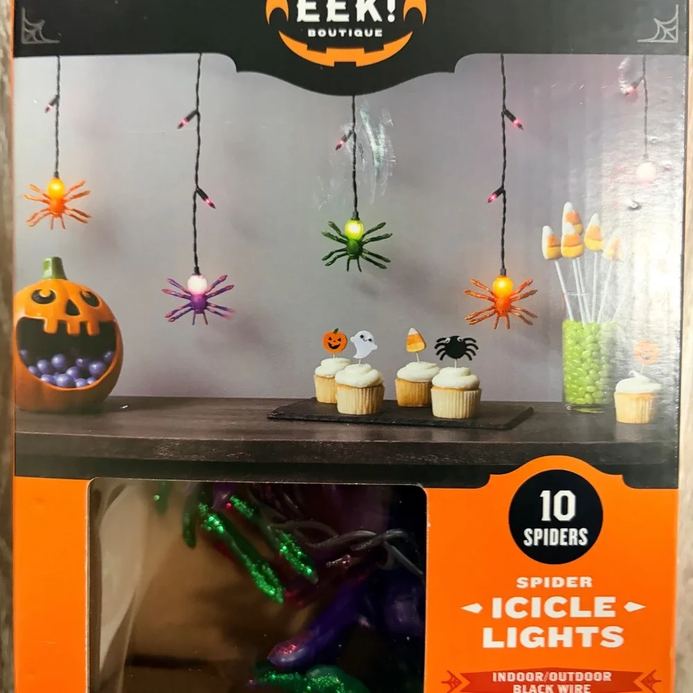 Hyde and EEK Boutique Halloween Spider Icicle Lights 10 Spiders 25 Count Black
